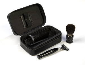 Mach 3 Shave Kit with Mach 3 Black Handle Razor, Badger Black Handle Shave Brush and Leather Case
