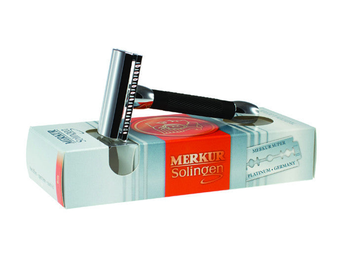 Merkur 20B Double Edge Safety Razor, Straight Cut, Chrome, Extra Long Black Handle