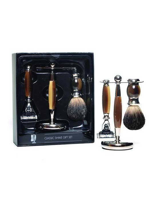 PureBadger Collection Brown 3pc Shaving Set, Faux Horn Pure Badger Shaving Brush, Mach3 Razor & Stand, Cartridge Razors