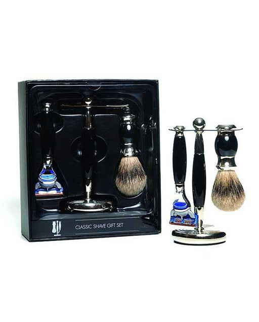 PureBadger Collection Black 3pc Shaving Set, Faux Ebony Silvertip Shaving Brush, Fusion Razor & Stand, Cartridge Razors