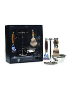 PureBadger Collection Brown 4pc Set, Faux Horn Silvertip Shaving Brush, Fusion Razor, Stand & Bowl, Cartridge Razors