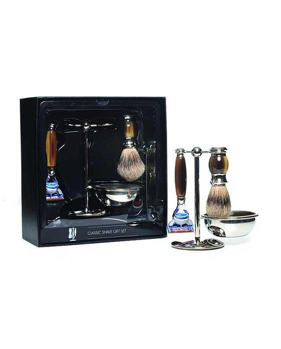 PureBadger Collection Brown 4pc Set, Faux Horn Silvertip Shaving Brush, Fusion Razor, Stand & Bowl, Cartridge Razors