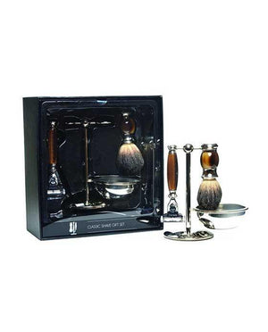 PureBadger Collection Brown 4pc Set, Faux Horn Pure Badger Shaving Brush, Mach3 Razor, Stand & Bowl, Cartridge Razors